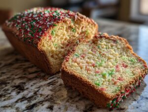 A close-up of a Christmas sprinkle buttermilk bread loaf, sliced to reveal colorful sprinkles inside.