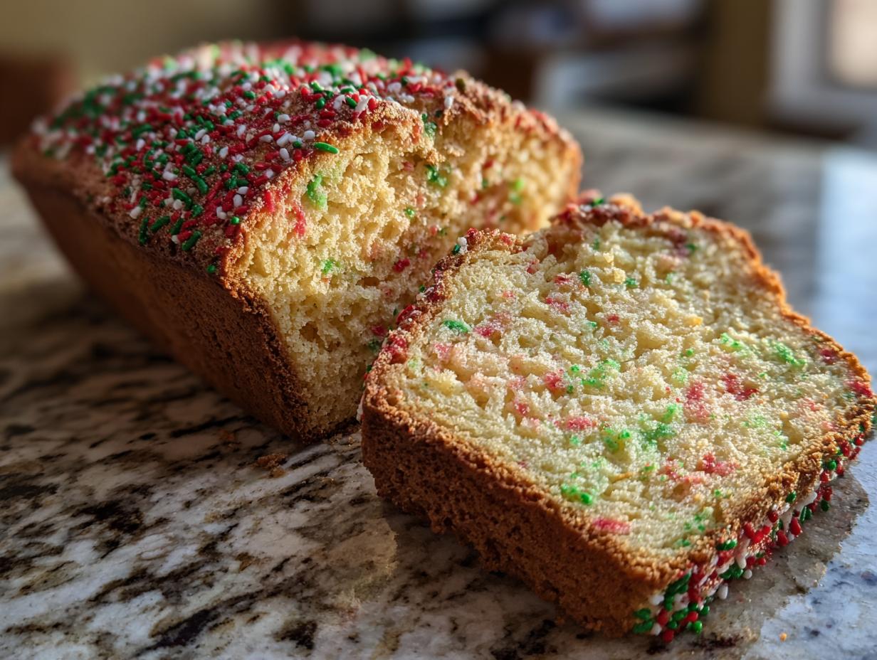 A close-up of a Christmas sprinkle buttermilk bread loaf, sliced to reveal colorful sprinkles inside.