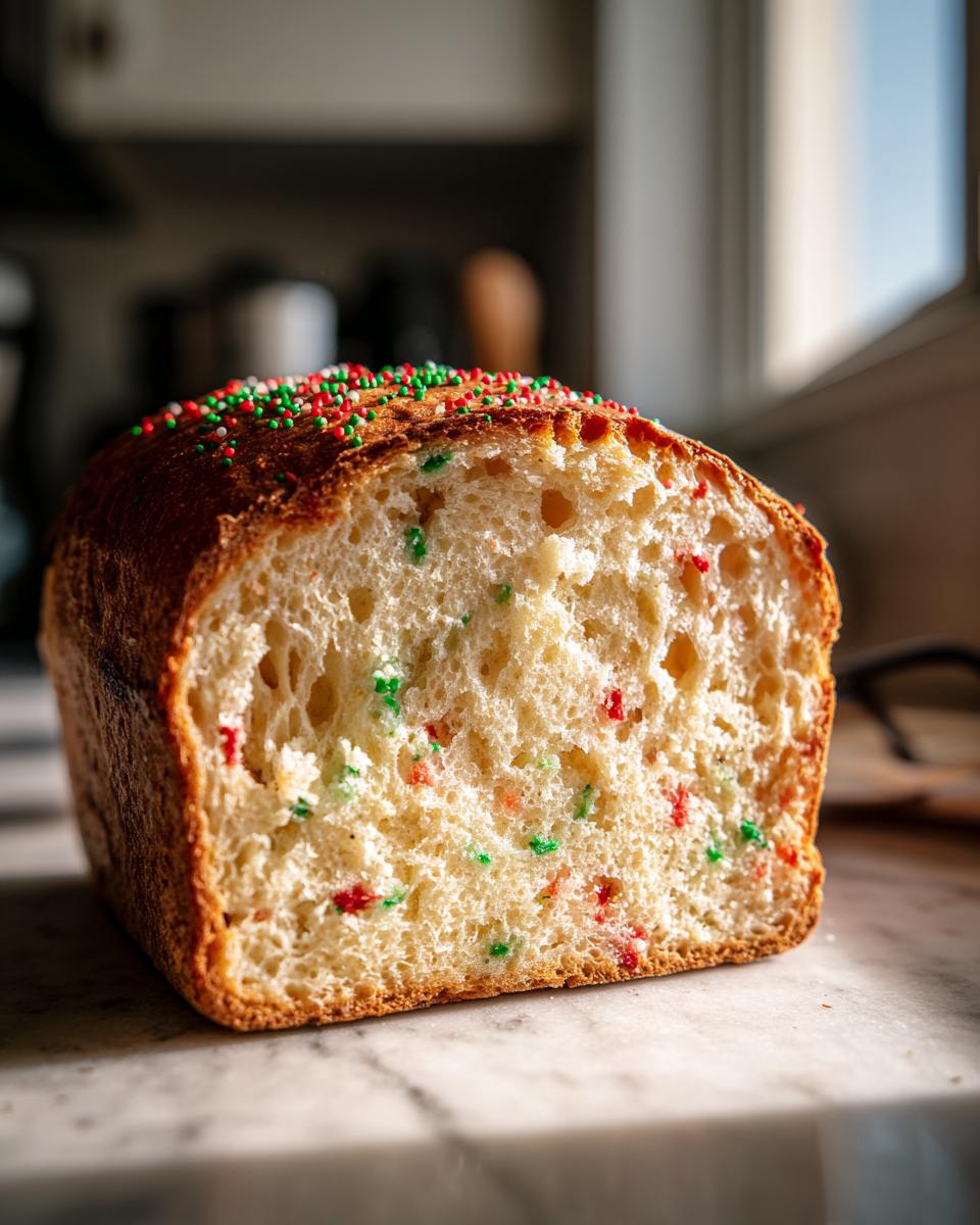 A close-up of a slice of Christmas Sprinkle Buttermilk Bread, showing the fluffy interior with red and green sprinkles.