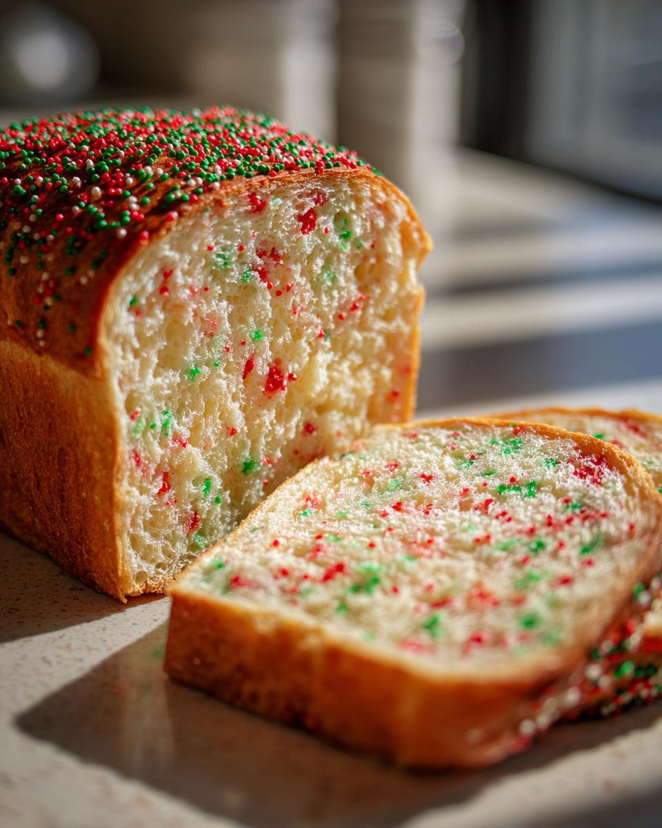 Close-up of Christmas Sprinkle Buttermilk Bread, showing a loaf with slices cut, revealing red and green sprinkles throughout the soft crumb.
