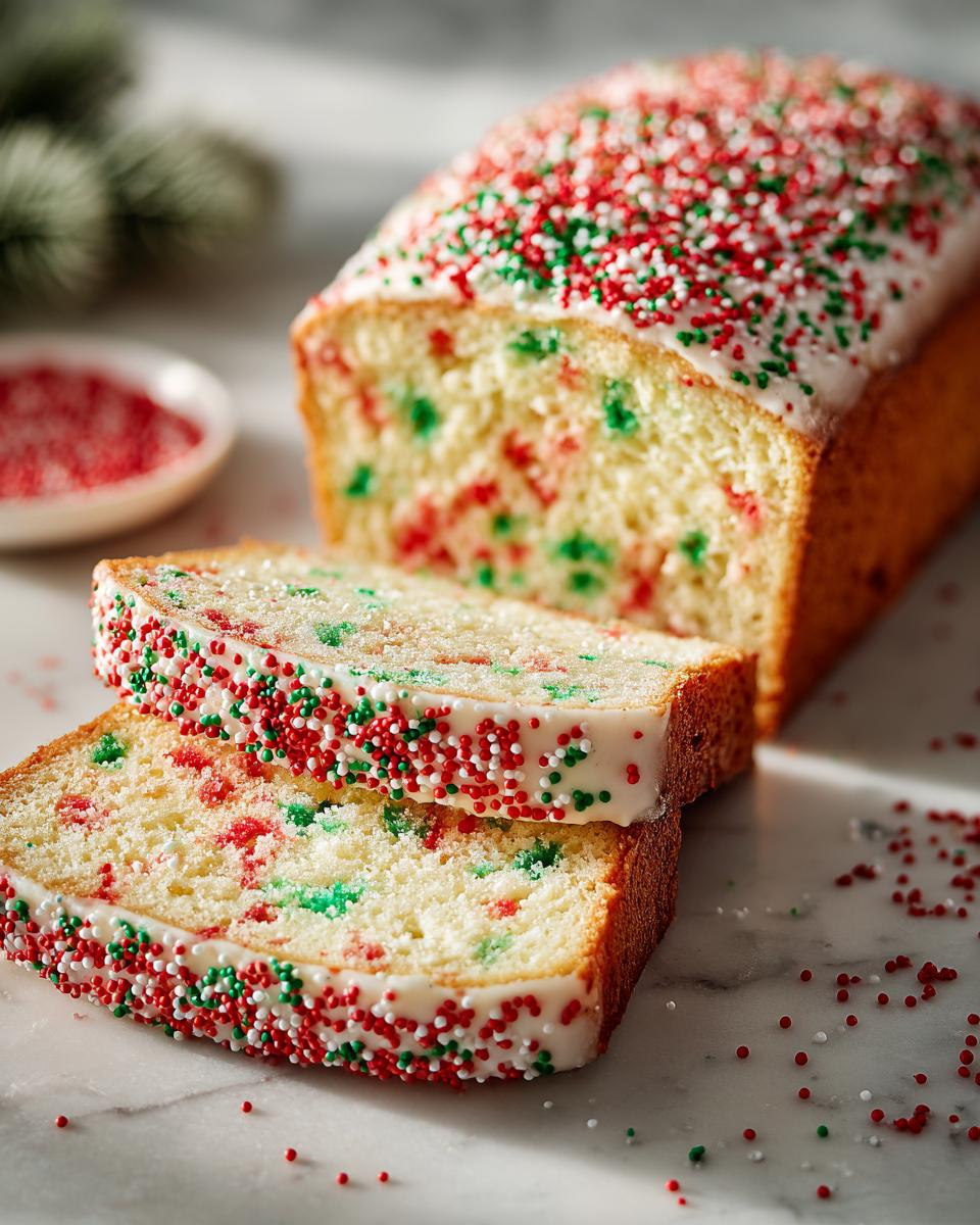 Two slices of festive Christmas Sprinkle Buttermilk Bread, topped with white icing and red and green sprinkles.