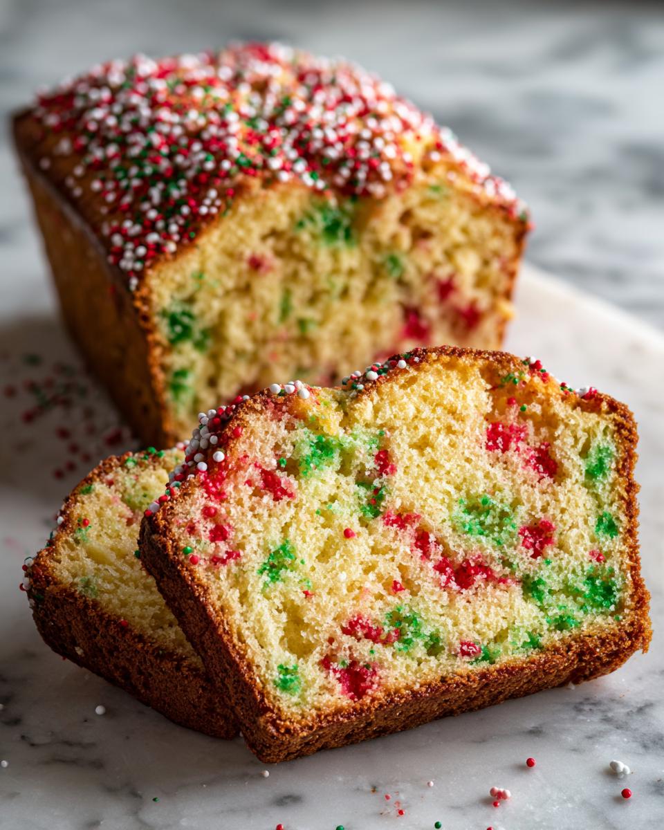 Close-up of Christmas Sprinkle Buttermilk Bread, showing colorful red and green sprinkles baked into the moist crumb and on top.