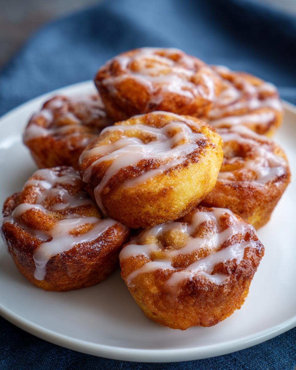 A close-up of a pile of freshly baked cinnamon roll bites drizzled with sweet white glaze.