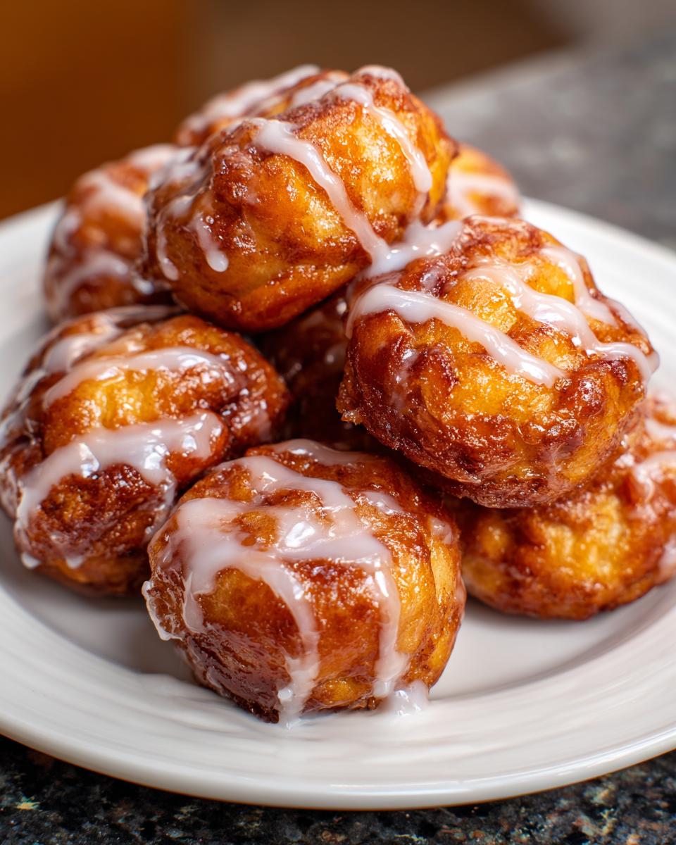 A close-up of a stack of freshly baked cinnamon roll bites drizzled with white glaze.