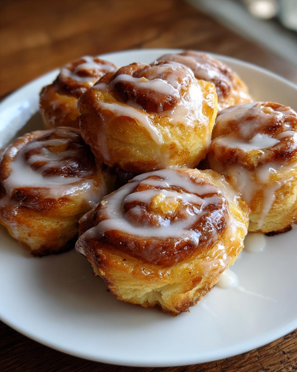 A close-up of several fluffy cinnamon roll bites drizzled with white glaze on a white plate.