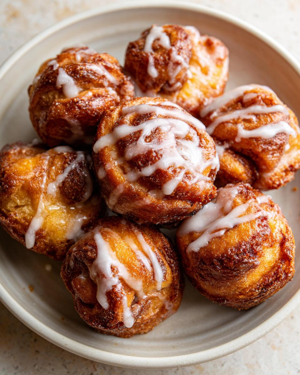 A close-up shot of a bowl filled with golden-brown cinnamon roll bites, drizzled with white icing.