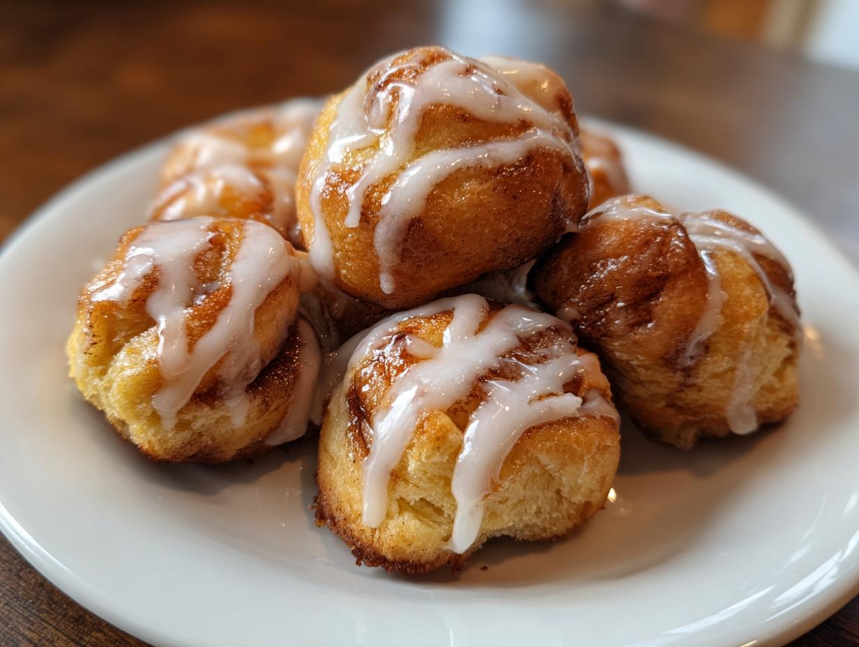 A close-up of fluffy cinnamon roll bites drizzled with white glaze on a white plate.