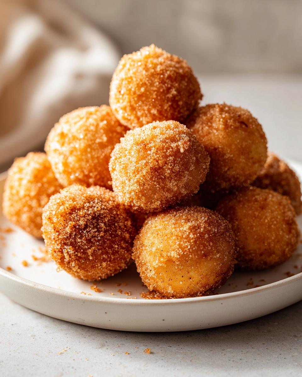 A close-up of a pile of golden brown cinnamon sugar donut holes on a white plate.