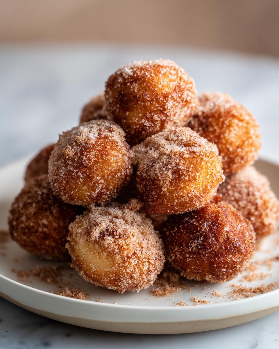 A close-up pile of freshly made cinnamon sugar donut holes on a white plate.