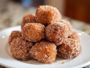 A close-up of a pile of freshly made cinnamon sugar donut holes on a white plate.