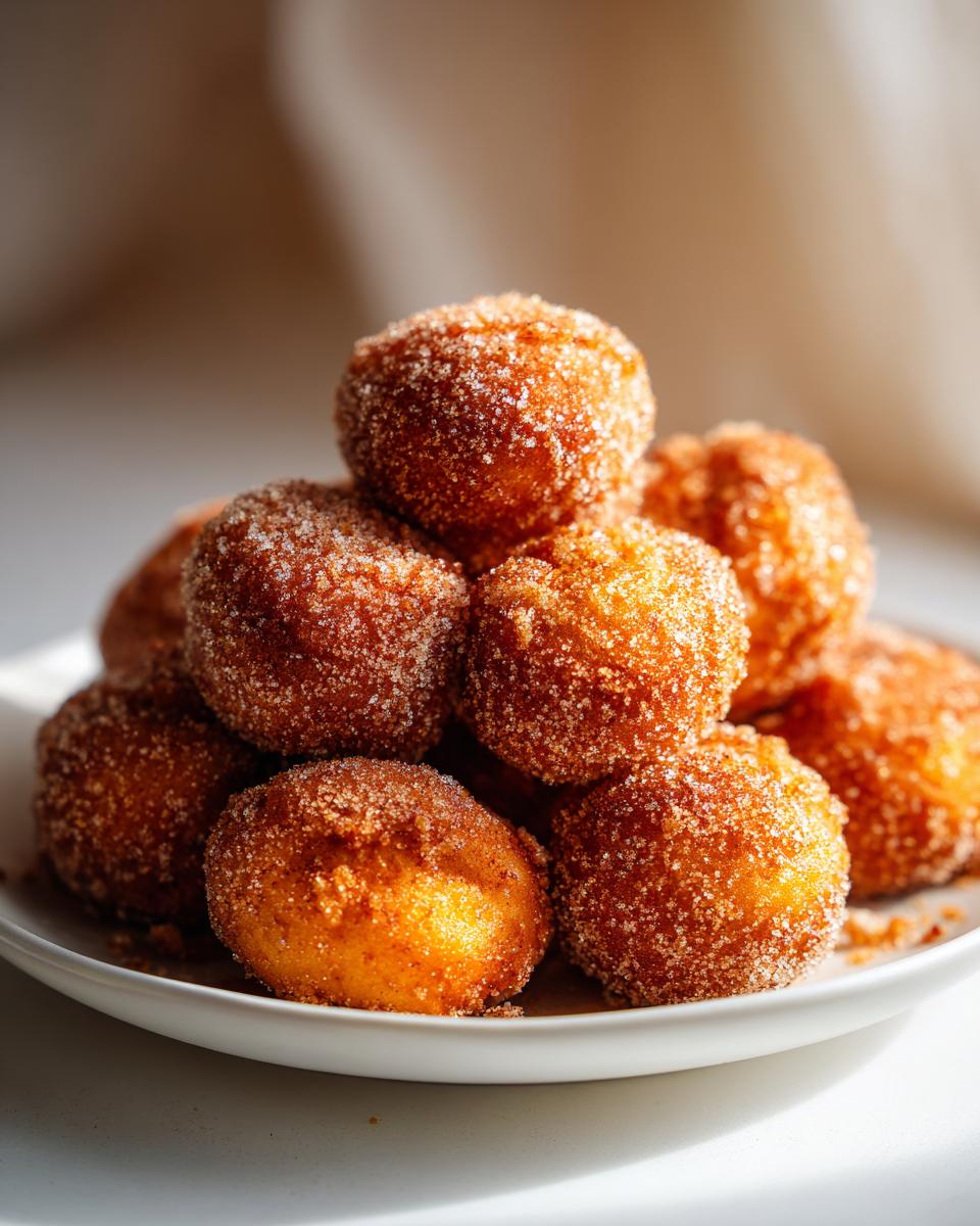 A close-up, overhead view of a pile of freshly made cinnamon sugar donut holes on a white plate.