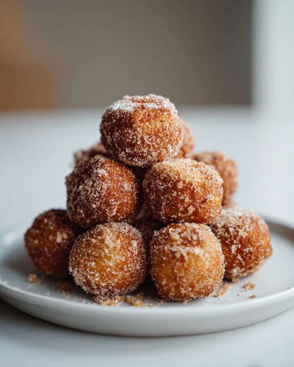 A close-up shot of a pile of freshly made cinnamon sugar donut holes on a white plate.