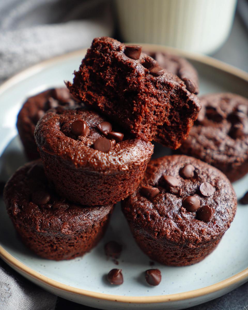 Close-up of fudgy cottage cheese protein brownie bites topped with chocolate chips on a plate.