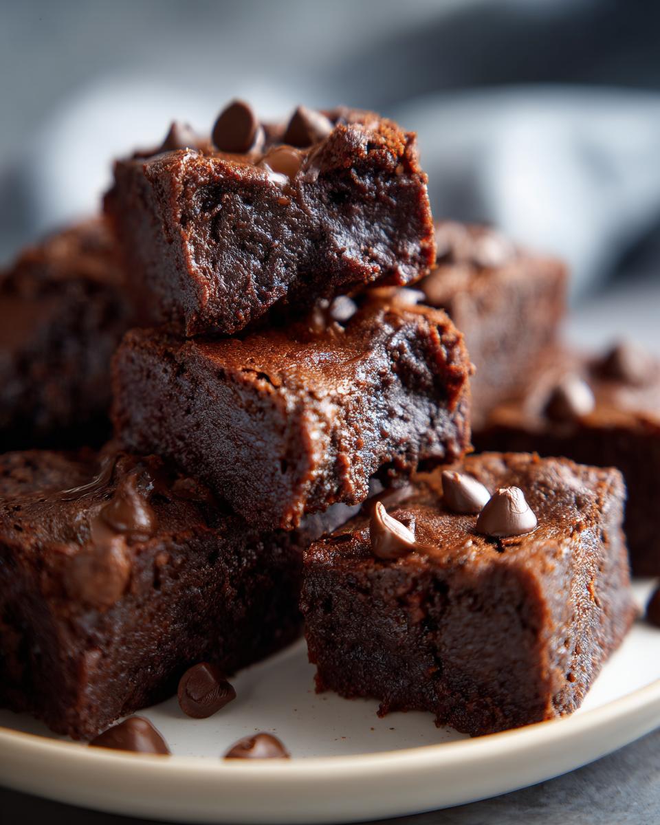 Stack of fudgy cottage cheese protein brownie bites topped with chocolate chips.