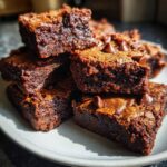 A stack of fudgy cottage cheese protein brownie bites, topped with chocolate chips, on a white plate.