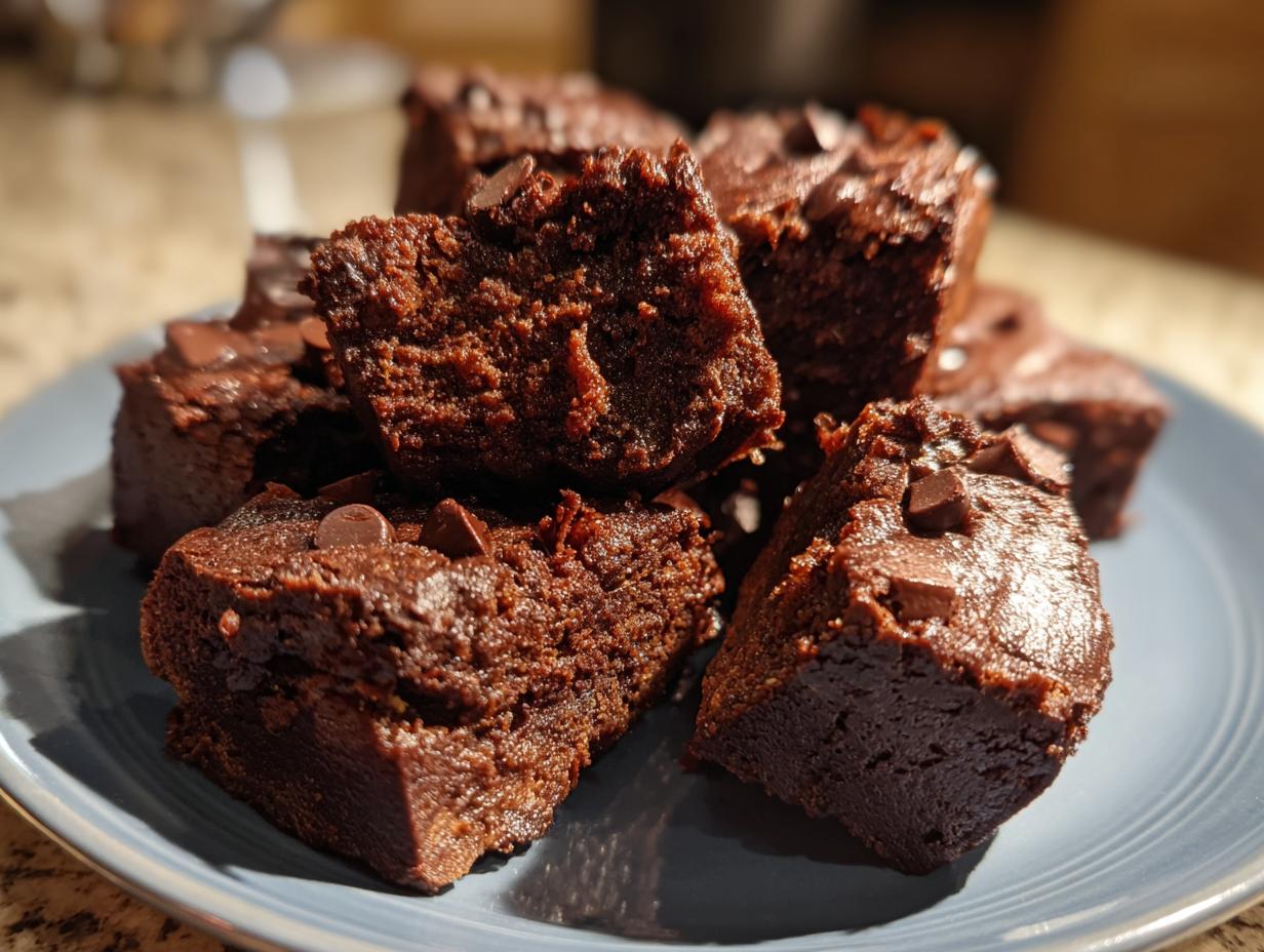 Close-up of fudgy cottage cheese protein brownie bites topped with chocolate chips on a blue plate.