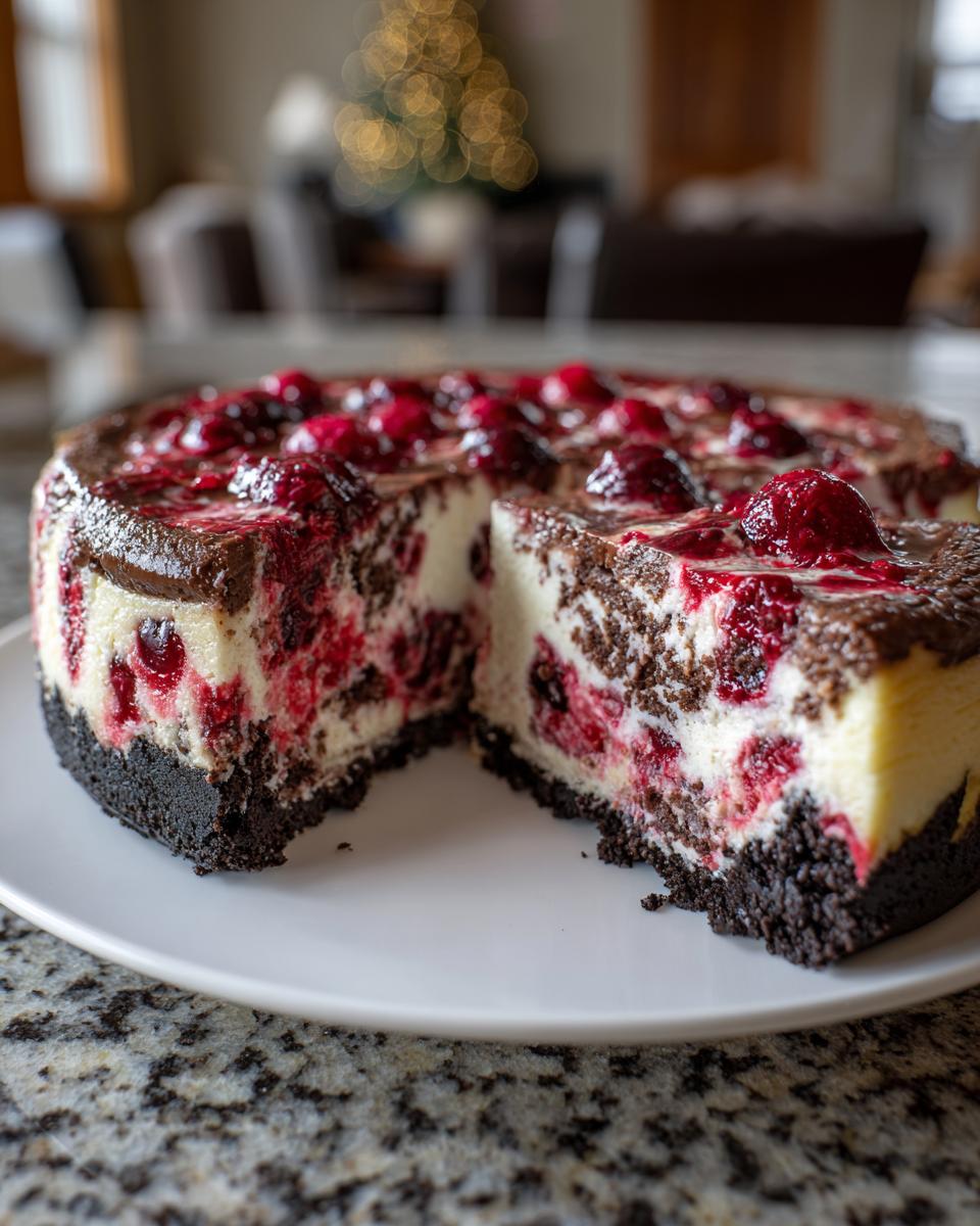 A slice of rich Cranberry Fudge Cheesecake on a white plate, showing layers of dark crust, creamy filling, and bright red cranberries.