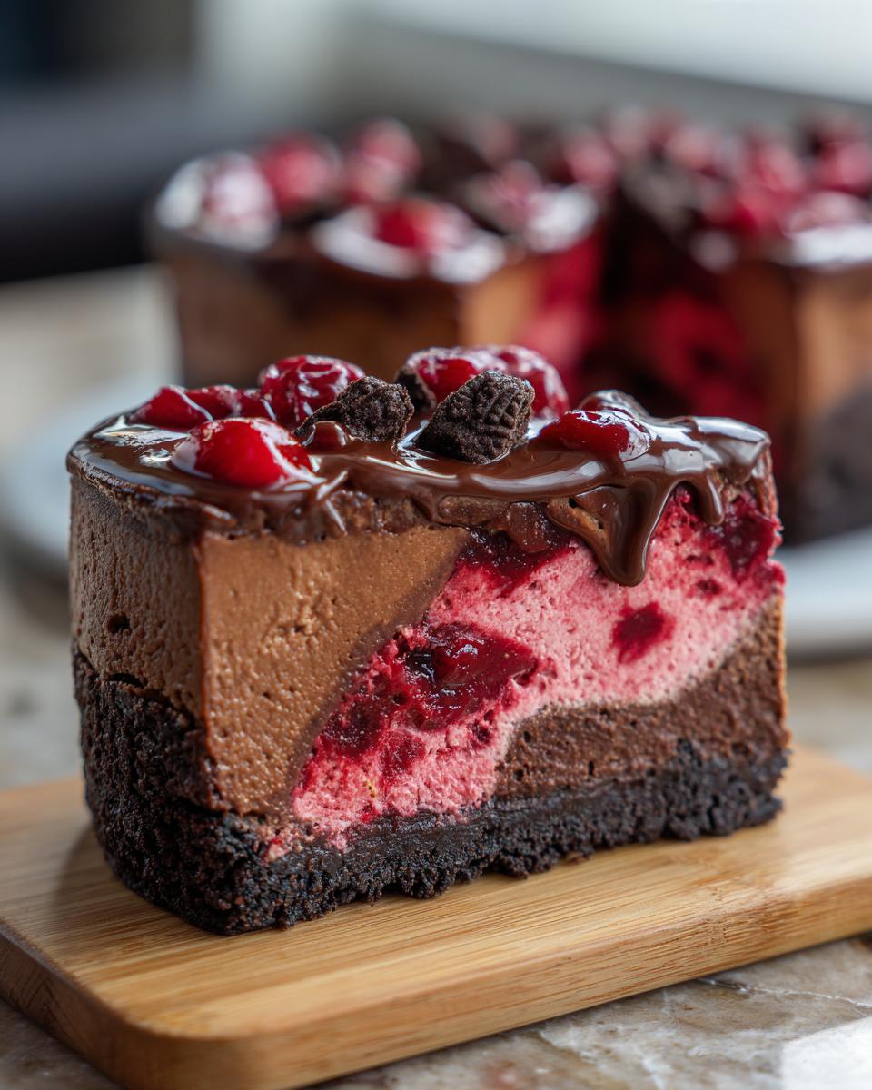 A slice of rich Cranberry Fudge Cheesecake with layers of chocolate and pink cheesecake, topped with chocolate ganache and cranberries.
