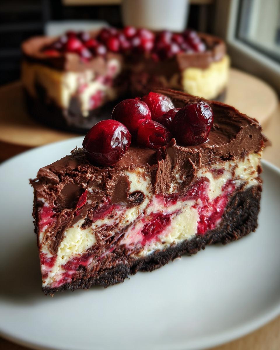 A slice of decadent Cranberry Fudge Cheesecake topped with fresh cranberries and chocolate shavings.