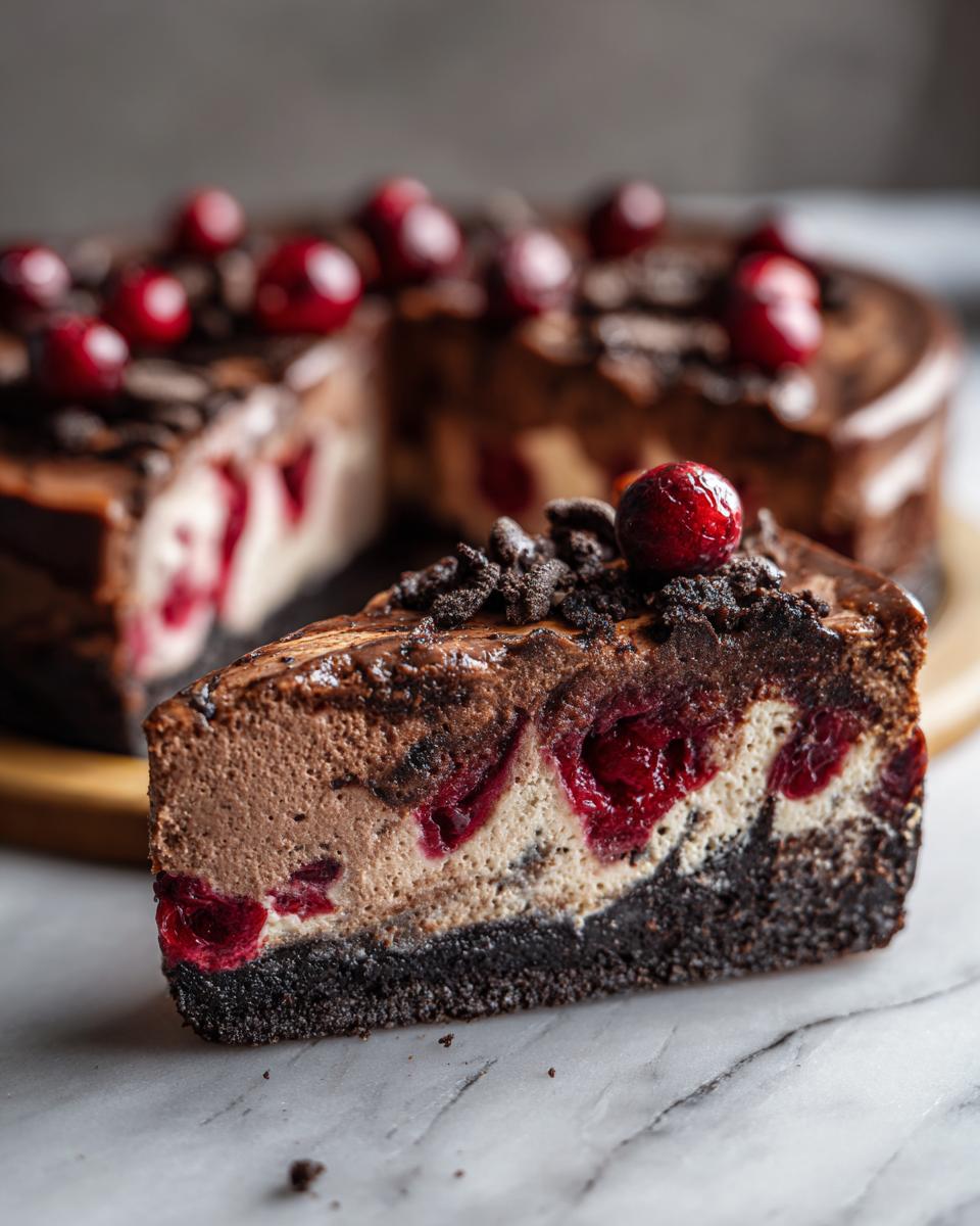 A slice of rich Cranberry Fudge Cheesecake with layers of chocolate, cream cheese, and whole cranberries, topped with chocolate shavings and a cherry.