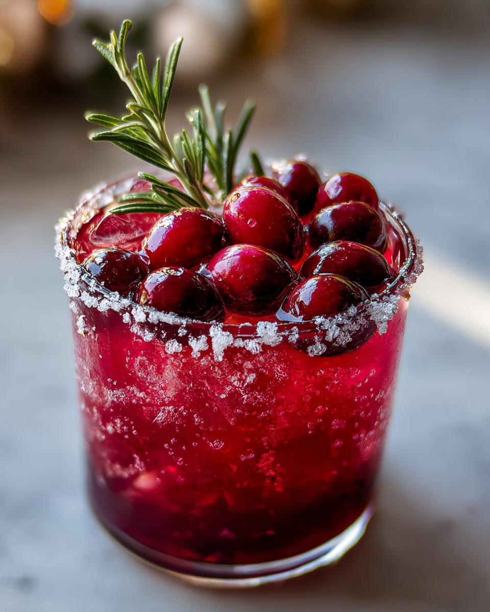 A close-up of a festive Cranberry Pomegranate Margarita, garnished with fresh cranberries and rosemary.