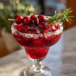 A festive cranberry pomegranate margarita in a salt-rimmed glass, garnished with fresh cranberries and rosemary.