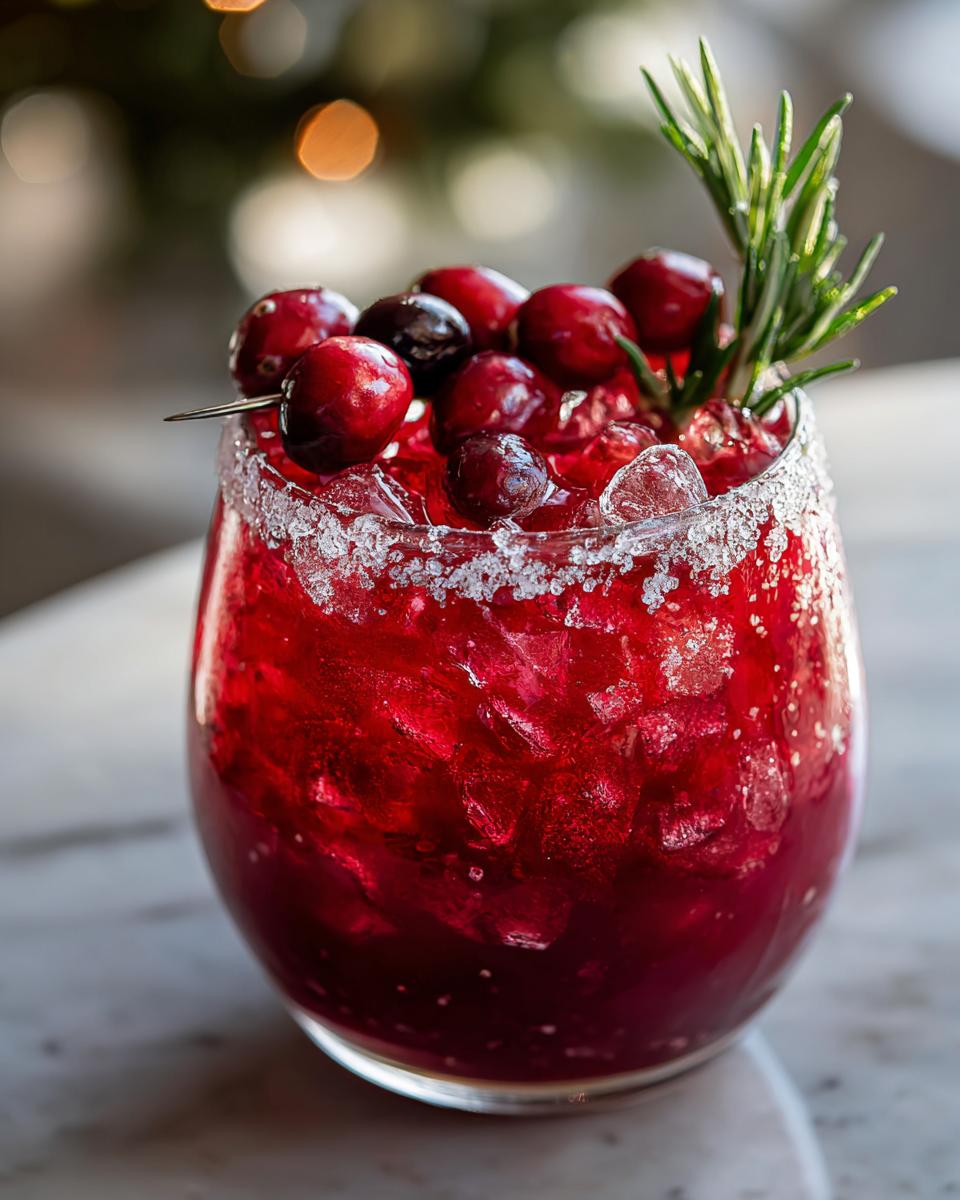 A close-up of a festive Cranberry Pomegranate Margarita, garnished with fresh cranberries and rosemary.