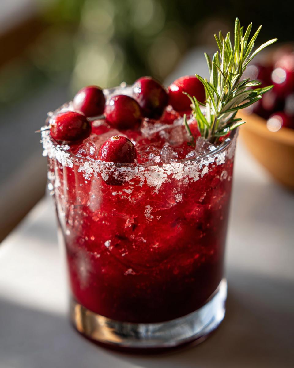 A refreshing Cranberry Pomegranate Margarita garnished with fresh cranberries and rosemary, with a salt-rimmed glass.