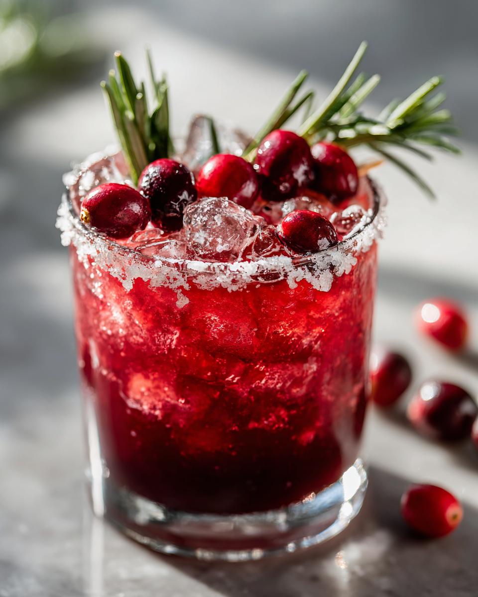 A close-up of a festive Cranberry Pomegranate Margarita, garnished with cranberries and rosemary, with a sugar rim.