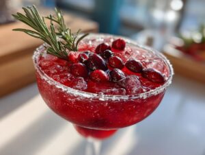A close-up of a festive Cranberry Pomegranate Margarita, garnished with fresh cranberries, pomegranate seeds, and rosemary.