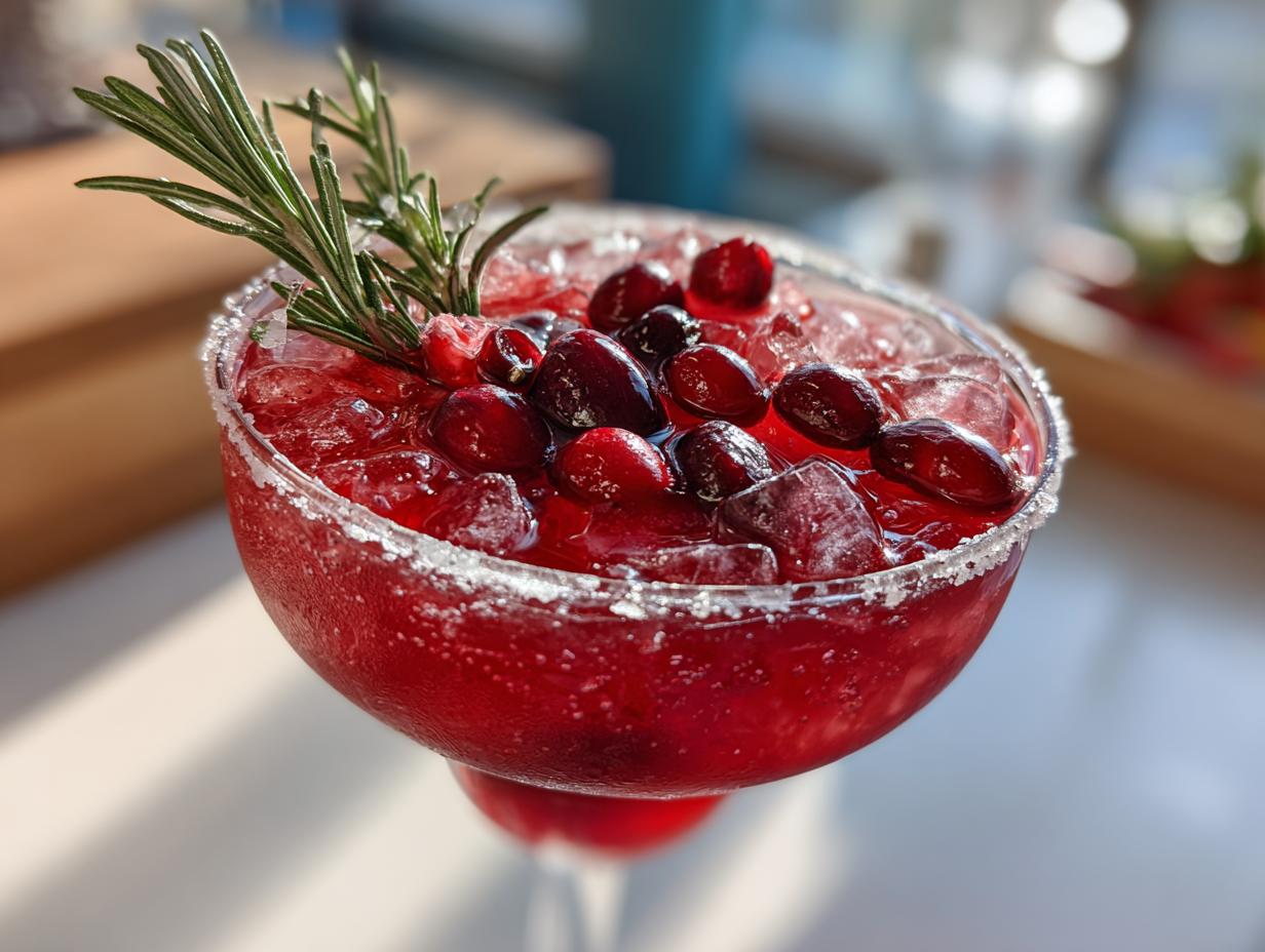 A close-up of a festive Cranberry Pomegranate Margarita, garnished with fresh cranberries, pomegranate seeds, and rosemary.