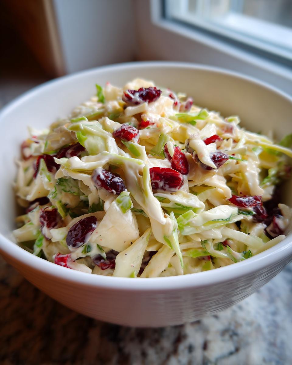 Close-up of creamy apple cranberry coleslaw featuring shredded cabbage, apples, and dried cranberries in a white bowl.
