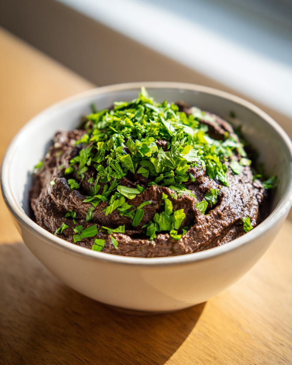 Close-up of a creamy, dark black bean dip served in a light bowl, generously garnished with fresh chopped green herbs.