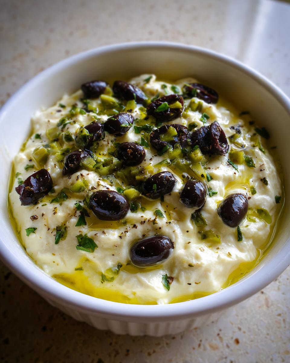 A close-up of a creamy dirty martini dip garnished generously with whole black olives, chopped green olives, and olive oil.