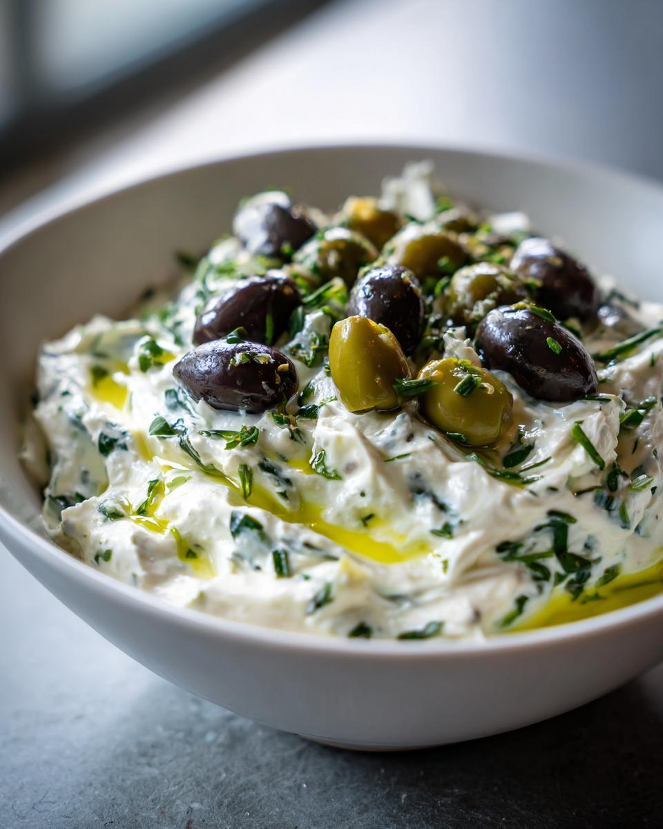 A white bowl filled with creamy dirty martini dip, topped with black and green olives and a drizzle of olive oil.