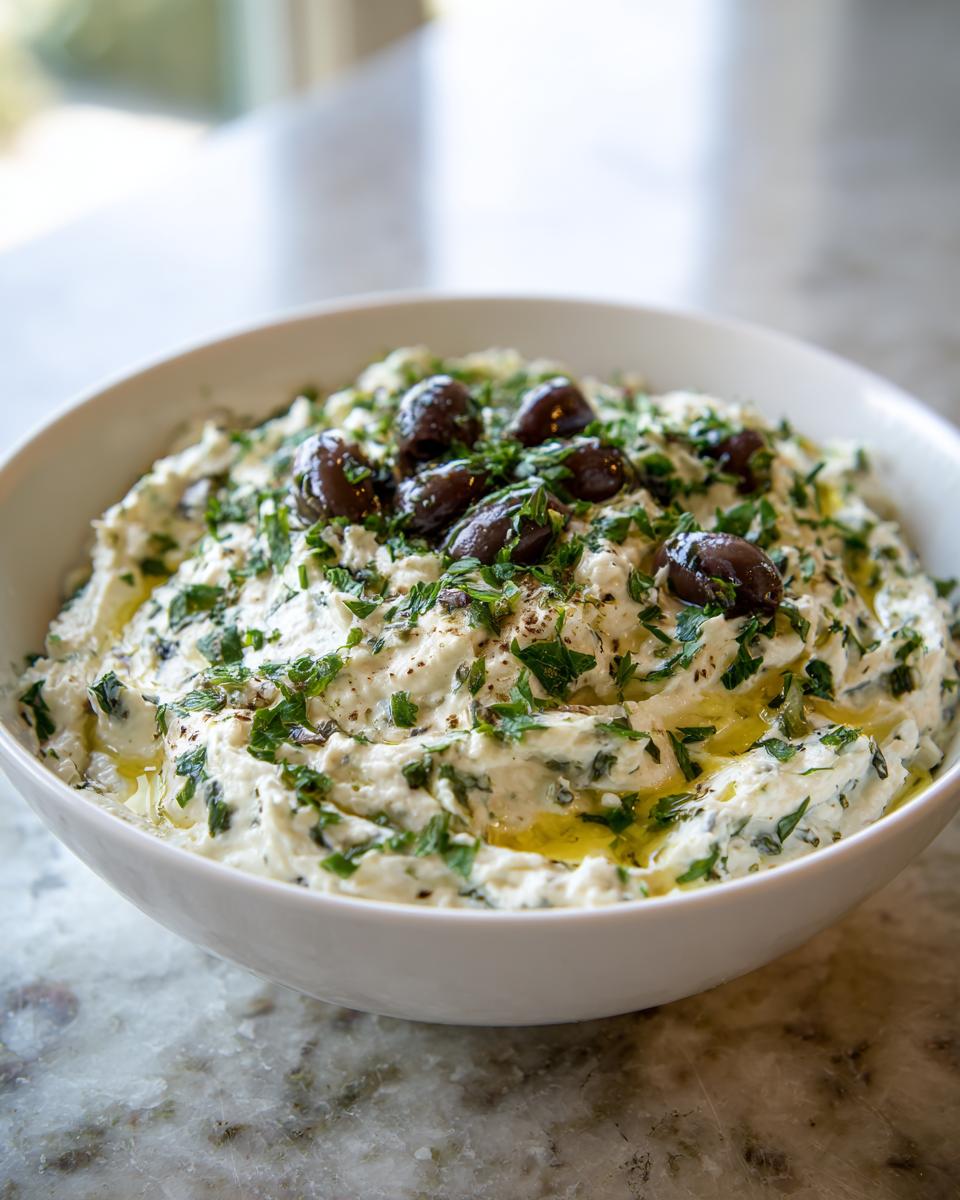 A white bowl filled with creamy dirty martini dip, garnished with chopped herbs and whole black olives.