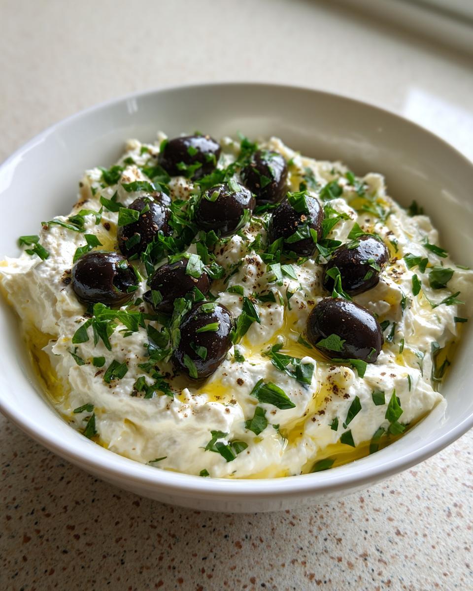 A white bowl filled with creamy dirty martini dip, garnished generously with whole black olives, fresh parsley, and olive oil.