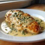 A golden-brown chicken breast smothered in a rich, creamy lemon sauce and topped with fresh parsley.