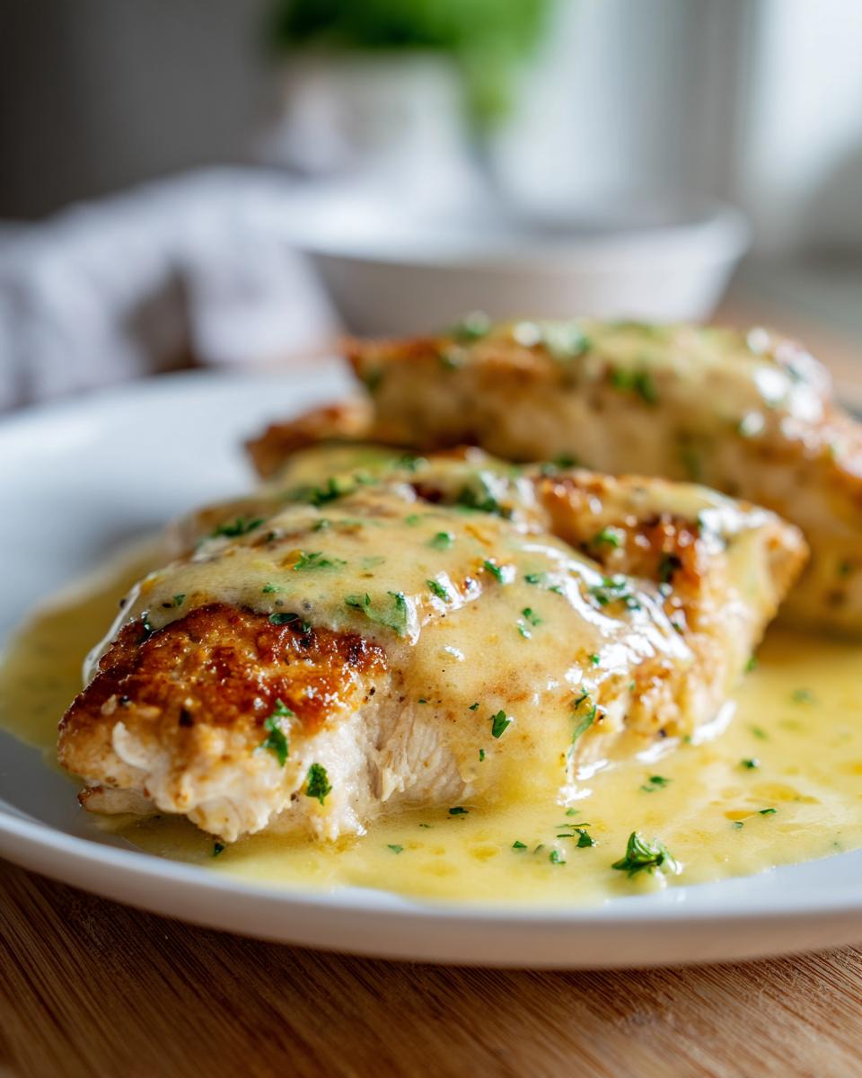 A perfectly cooked piece of creamy lemon chicken breast covered in a rich, yellow lemon sauce and sprinkled with fresh parsley.