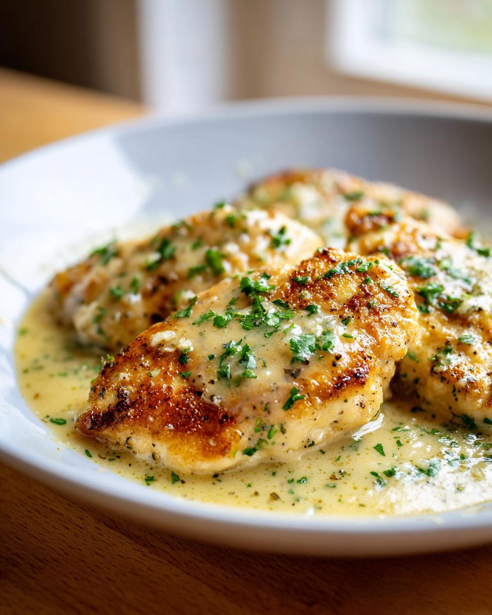Close-up of pan-seared chicken breasts covered in a rich, creamy lemon chicken sauce and garnished with fresh parsley.