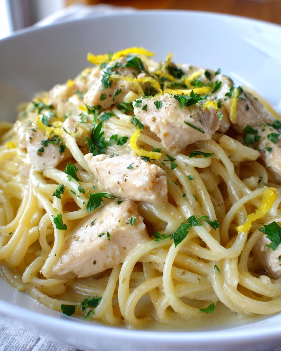 A close-up of creamy lemon chicken pasta, featuring tender chicken pieces and spaghetti coated in a rich sauce, garnished with lemon zest and parsley.
