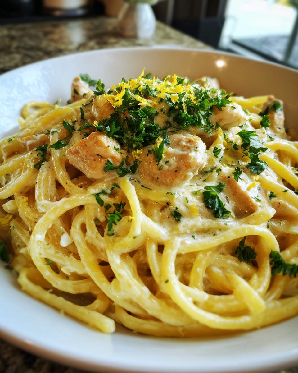 A close-up of a bowl of creamy lemon chicken pasta, topped with fresh parsley and lemon zest.