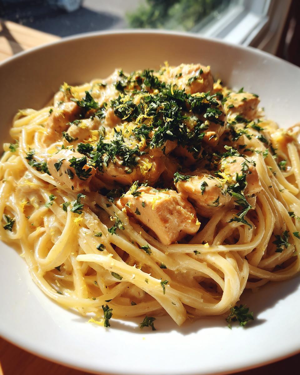 A close-up of a bowl of creamy lemon chicken pasta, topped with chopped parsley and lemon zest.