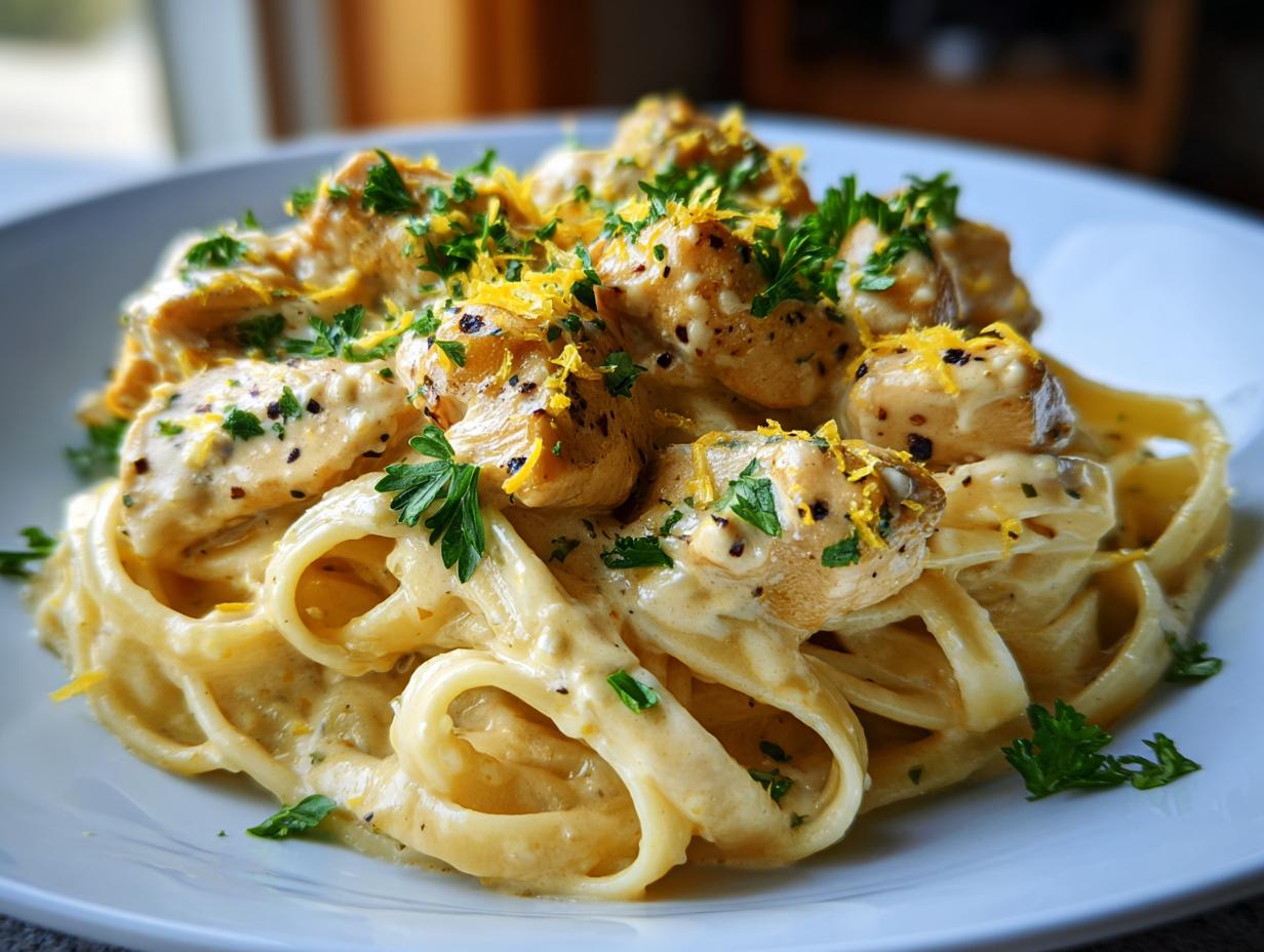 A close-up of creamy lemon chicken pasta topped with fresh parsley and lemon zest.
