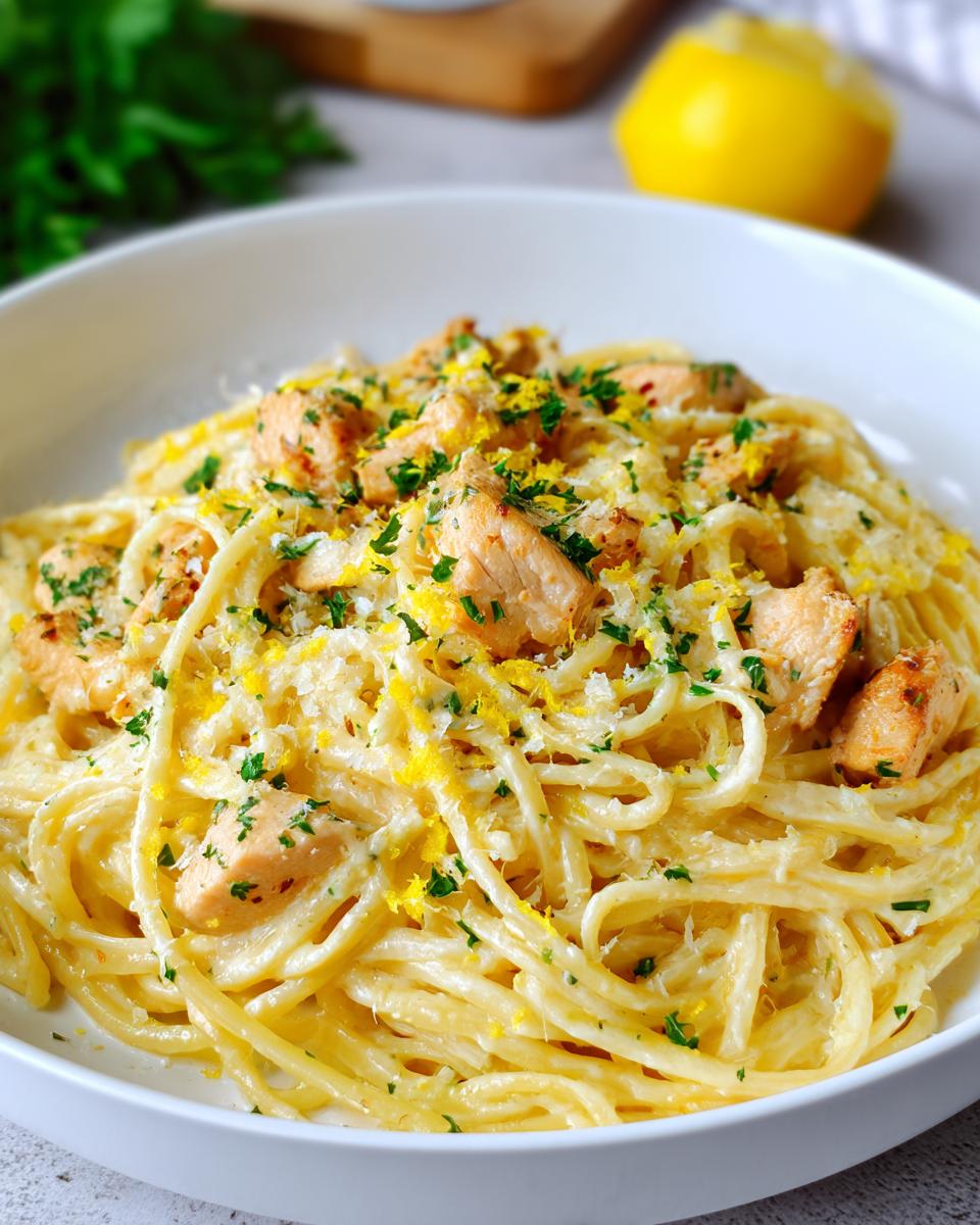 A close-up of creamy lemon chicken pasta topped with chopped chicken, grated cheese, and fresh parsley.