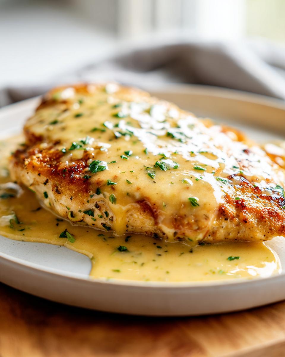 Close-up of a pan-seared chicken breast smothered in rich, creamy lemon sauce and fresh parsley.