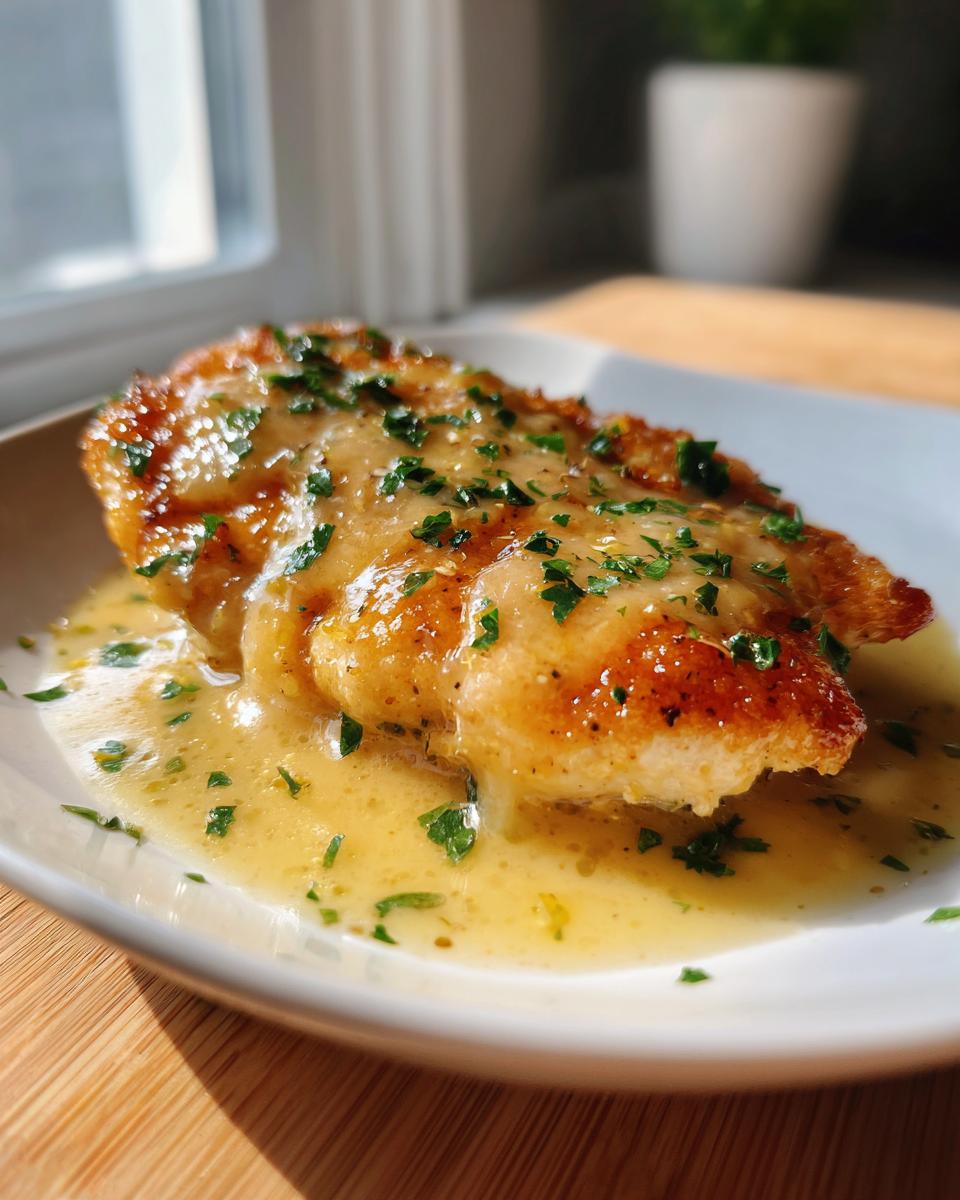 A perfectly cooked, golden-brown chicken breast smothered in a rich, creamy lemon sauce and topped with fresh parsley.