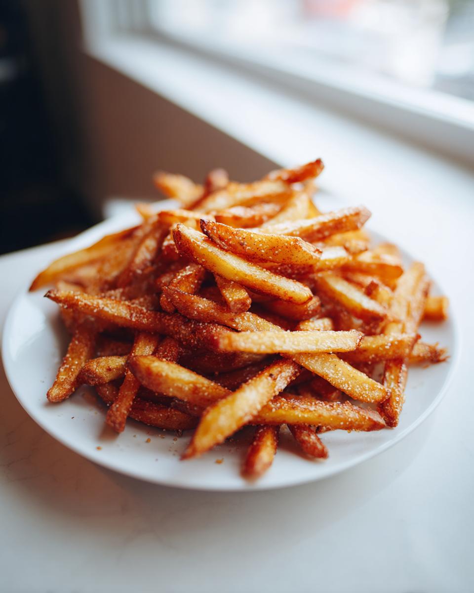 A mound of golden brown, crispy air fryer french fries seasoned with salt, served on a white plate near a bright window.