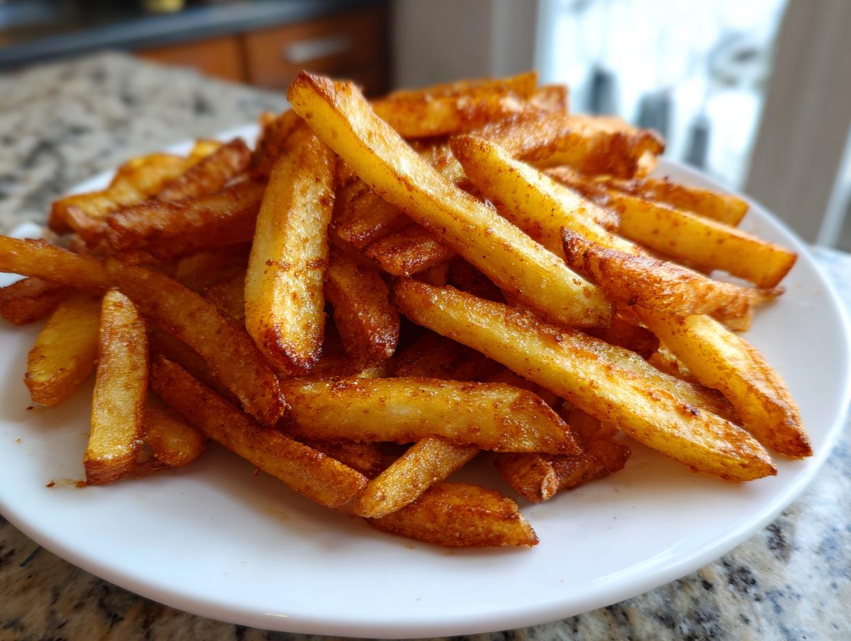A close-up of a pile of golden brown, seasoned air fryer french fries served on a white plate.