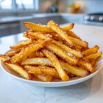 A generous pile of golden, crispy air fryer french fries sprinkled with coarse salt on a white plate.